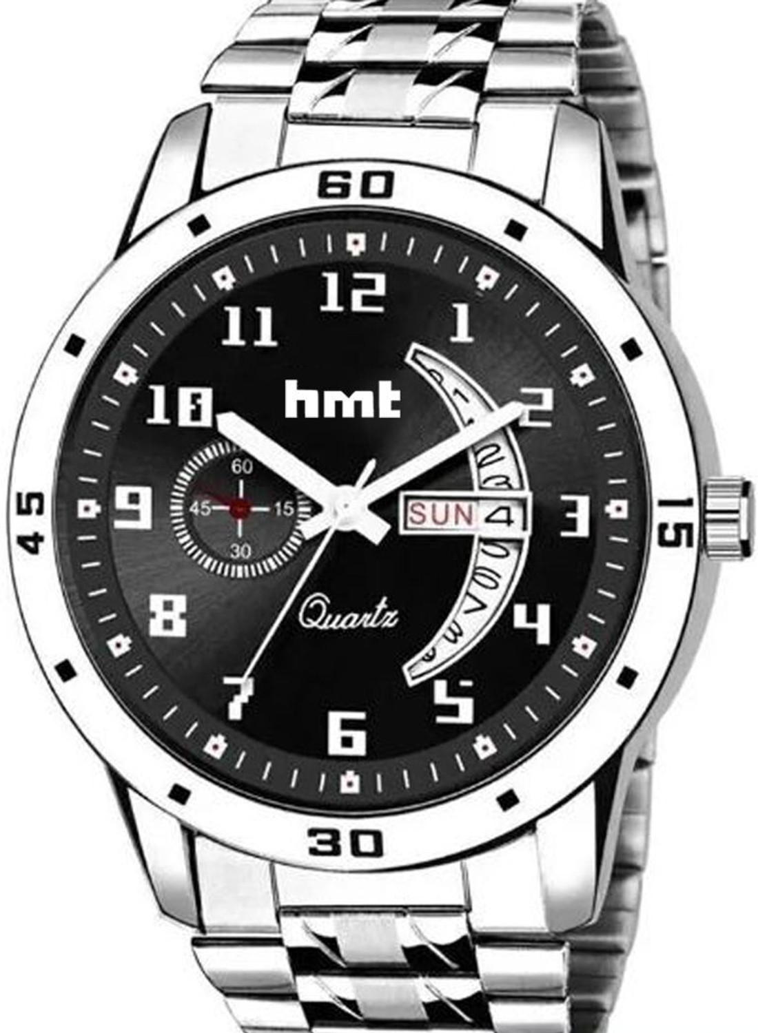Image of HMT DLD Stainless Steel 494 Black Day & Date Series Original Black HMTS Quartz Steel Wrist Watch Analog Watch - For Men