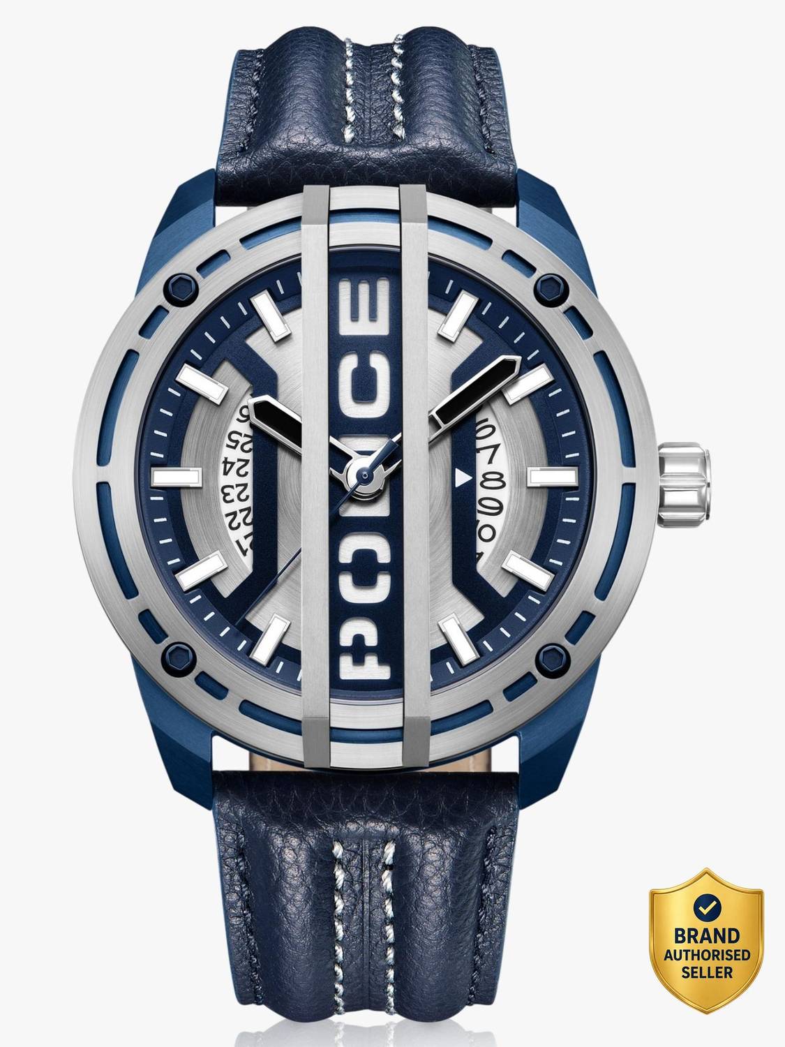 Police Extreme Rebel Police With Date Silver Dial Blue Leather Strap Analog Watch - For Men