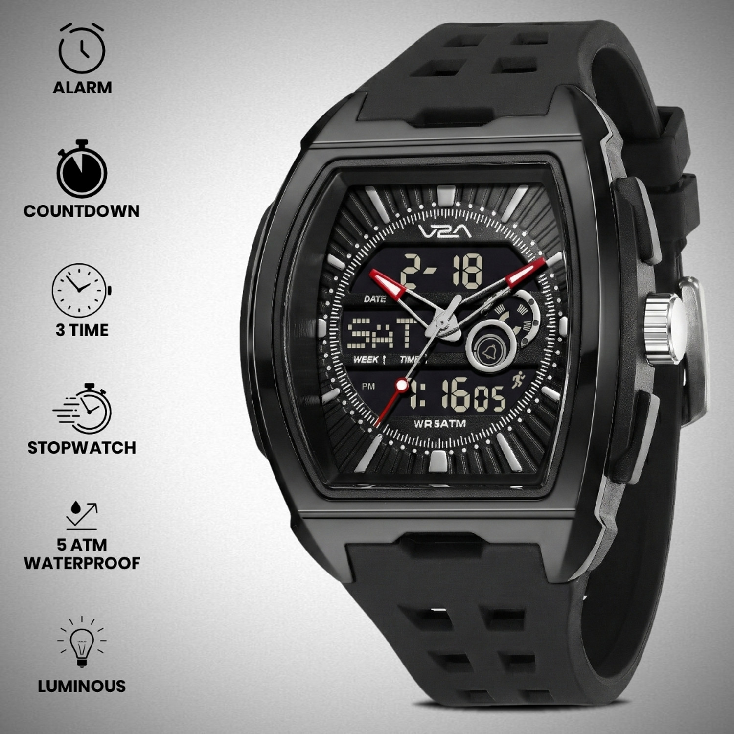 Image of V2A V2A Impact 50mm Analog Digital Watch for Men | Tonneau Sports Case Design V2A Impact 50mm Analog Digital Watch for Men | Tonneau Sports Case Design Analog-Digital Watch - For Men