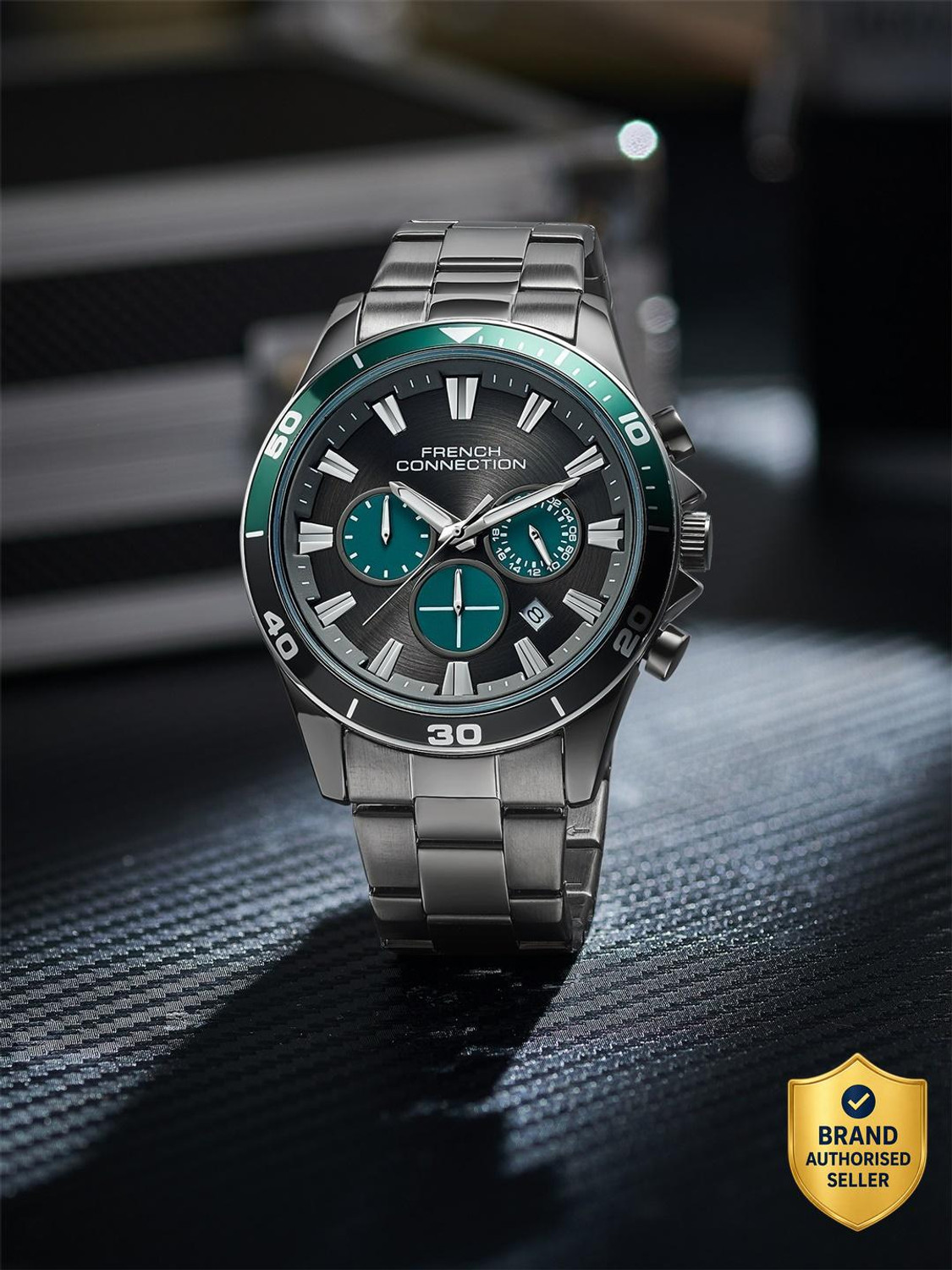 Image of French Connection Men Business Casual Dress Watch Luminous Date Wristwatches Grey Texture Round Dial | Grey Stainless Steel Chronograph Watch for Men Analog Watch - For Men