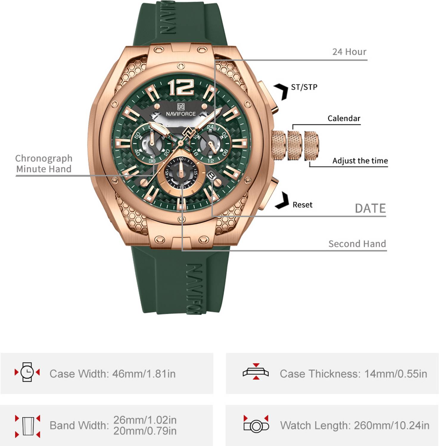 NAVIFORCE NF8063 Rosegold-Green Chronograph Watch - Image 3