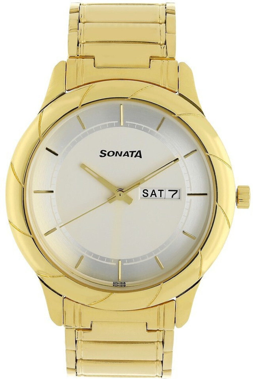 Image of SONATA Sonata Utsav With Day & Date White Dial Gold Stainless Steel Strap Analog Watch - For Men