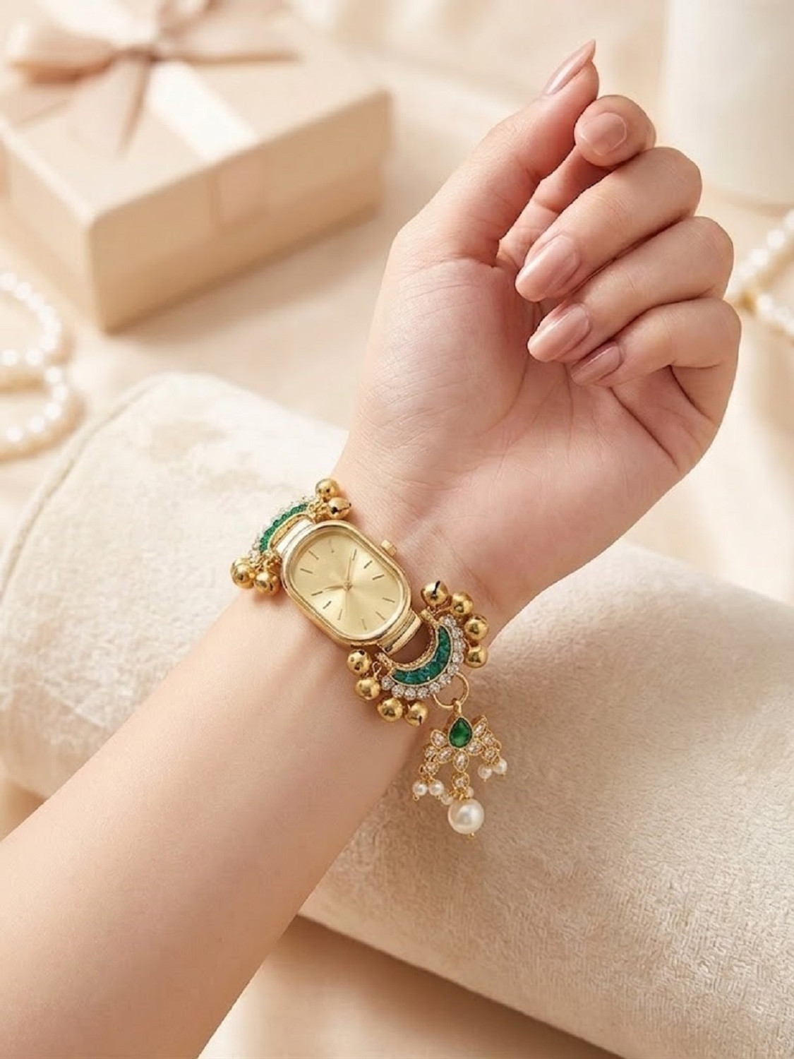 Image of watchstar Emerald & Gold Ethnic Bracelet Watch with Pearl Accents Elegant Traditional Gold Watch with Emerald & Pearl Charms Analog Watch - For Women