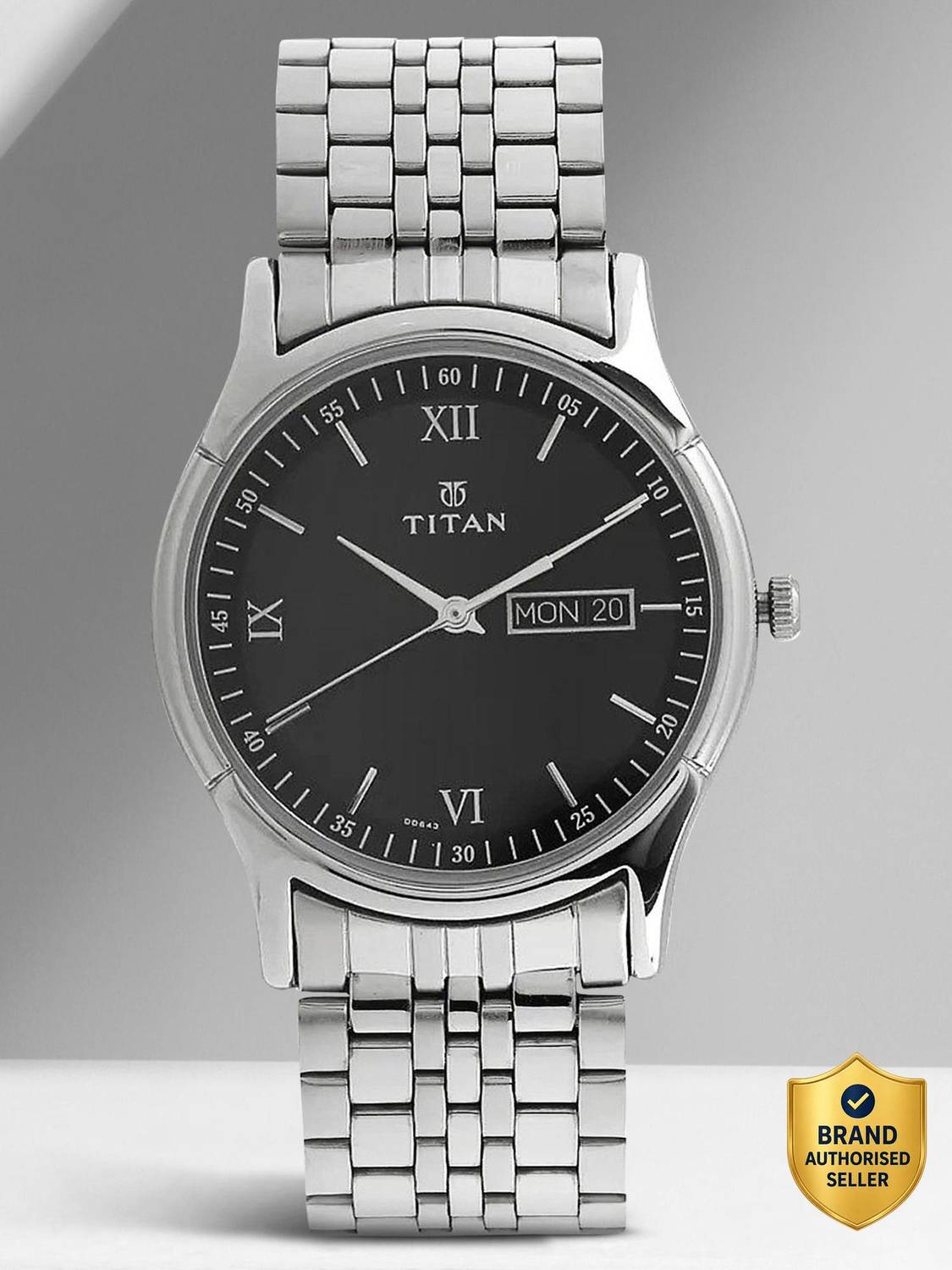 Titan NP1636SM01 Titan Karishma with Day & Date Black Dial Silver SS Strap Analog Watch - For Men