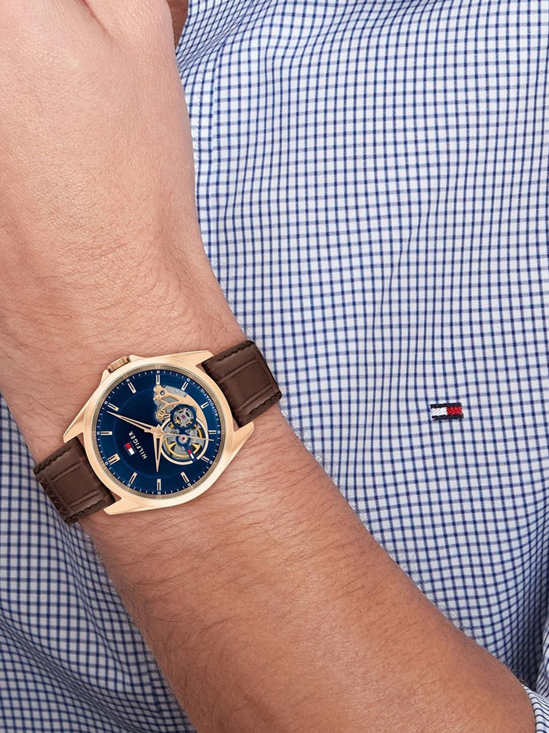 Image of TOMMY HILFIGER Baker Tommy Hilfiger Baker Automatic Blue Dial Brown Leather Strap Analog Watch - For Men