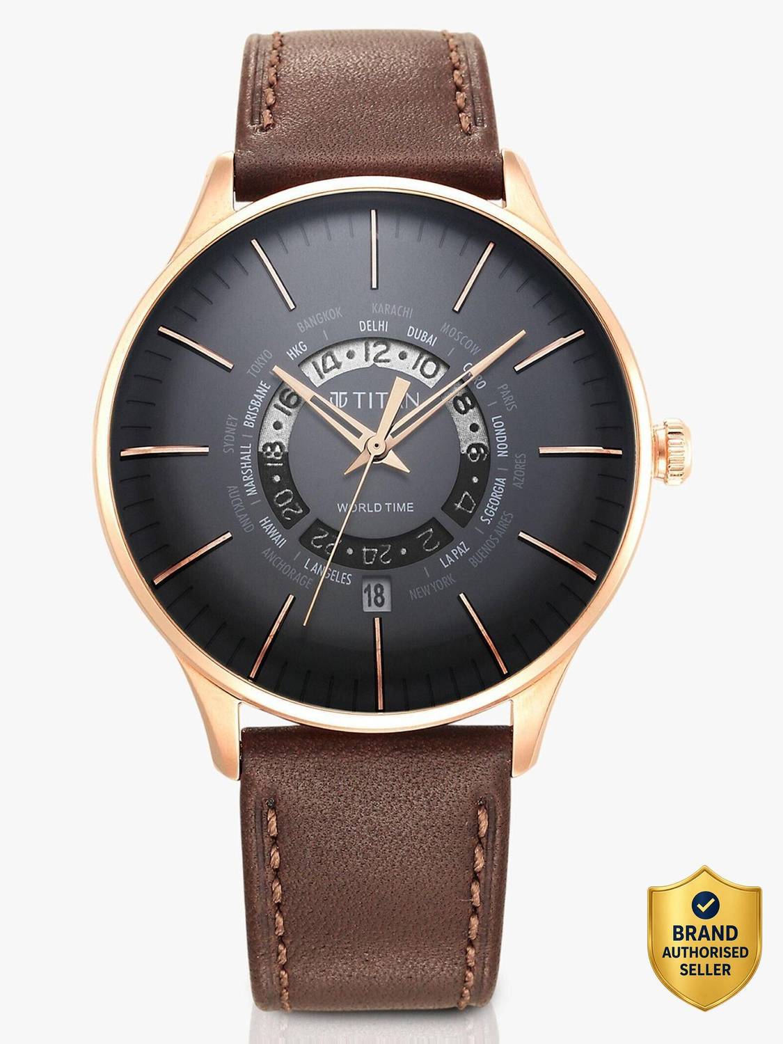Titan World Time Black Dial Brown Leather Men's Watch - Image 1