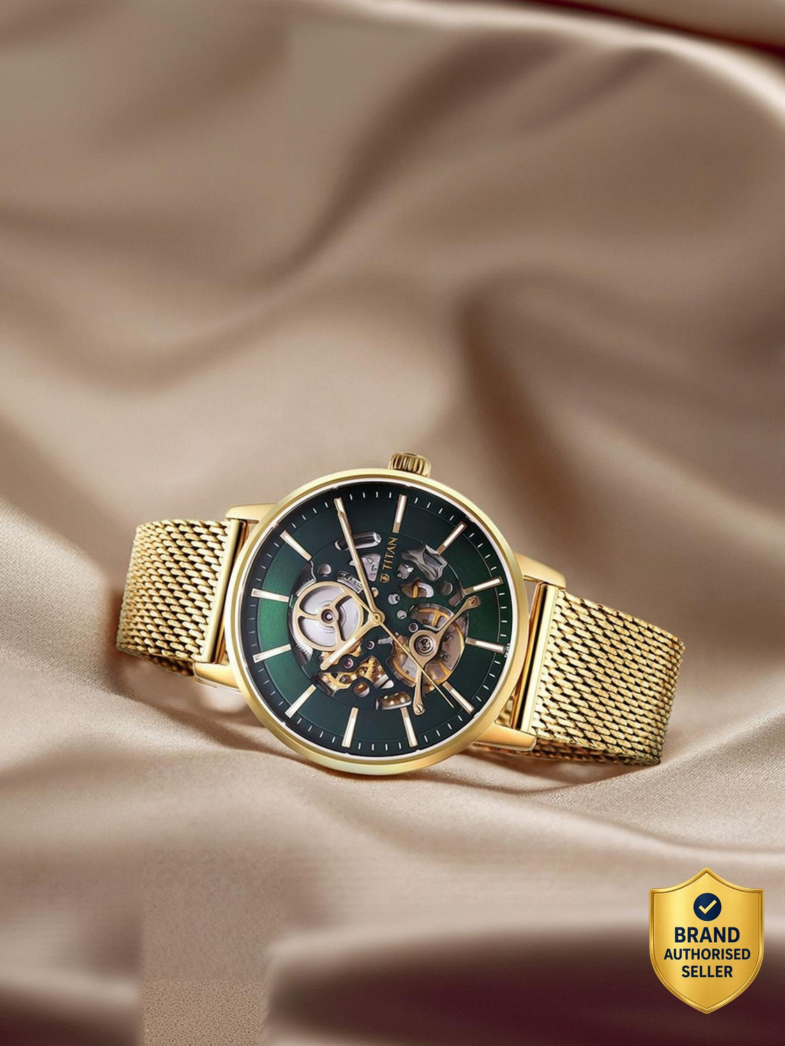 Titan Mechanical Slimline Titan Mechanical Slimline Automatic Green Dial Gold SS Strap Analog Watch  - For Men