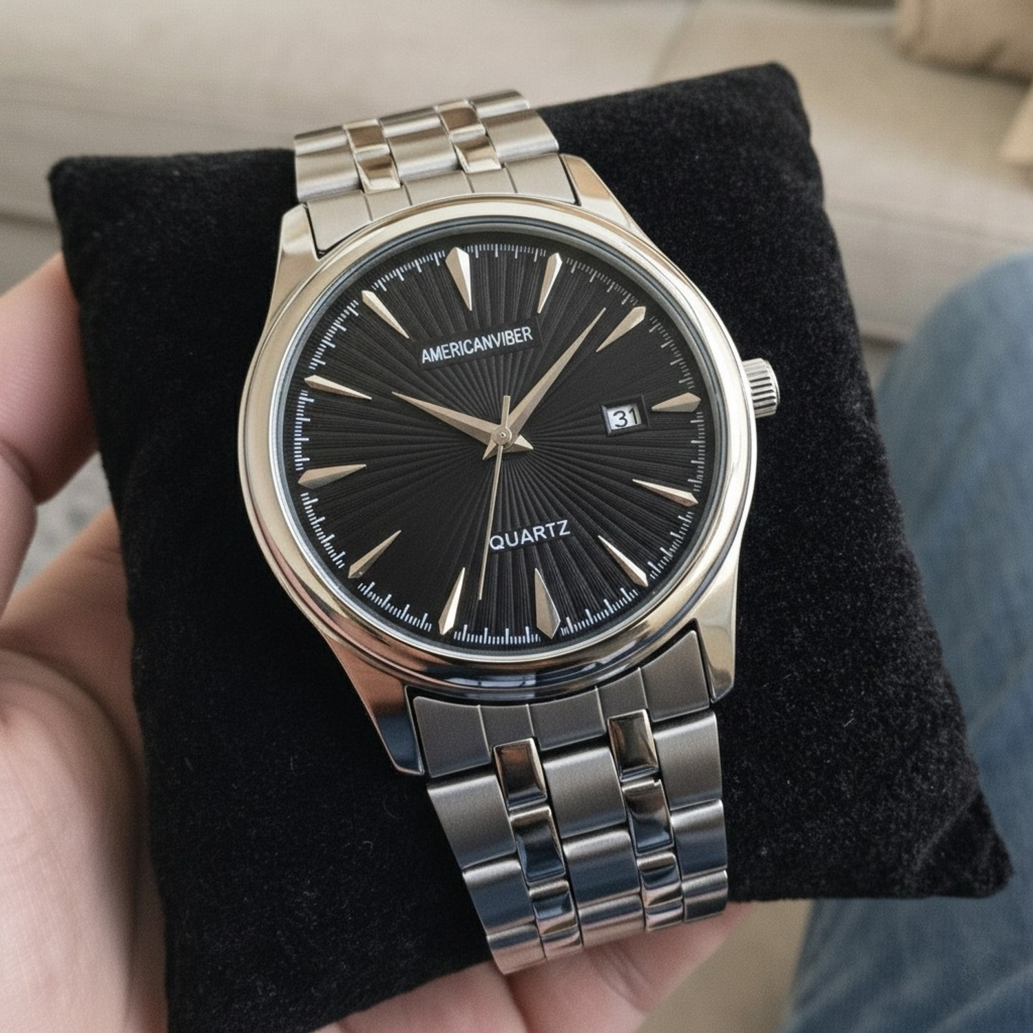 Image of Americanviber AVM0045 Round Dial Stainless Steel Belt Watch with Date Function Analog Watch - For Men
