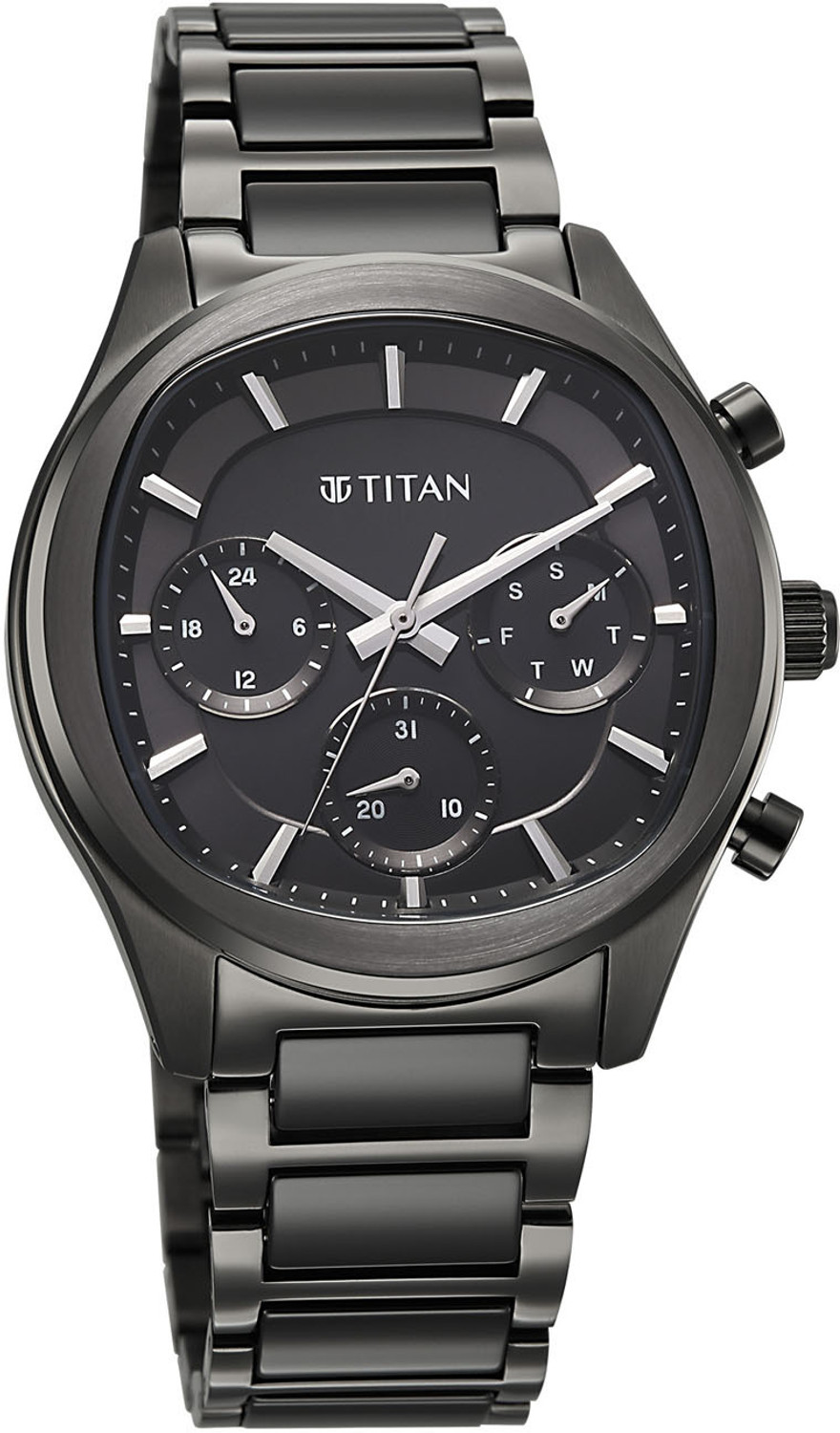 Image of Titan CERAMIC FUSION 3.0 Ceramic Fusion 3.0 Black Dial Black Solid Link Stainless Steel Strap Analog Watch - For Men