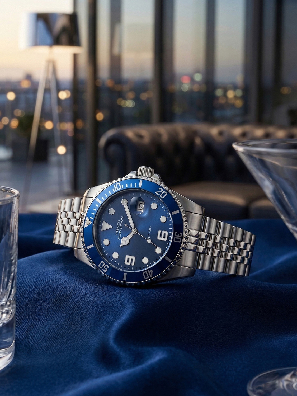 Image of French Connection STEELORA Blue Dated Sunray Round Dial | Silver Stainless Steel Analog Watch for Men Analog Watch - For Men