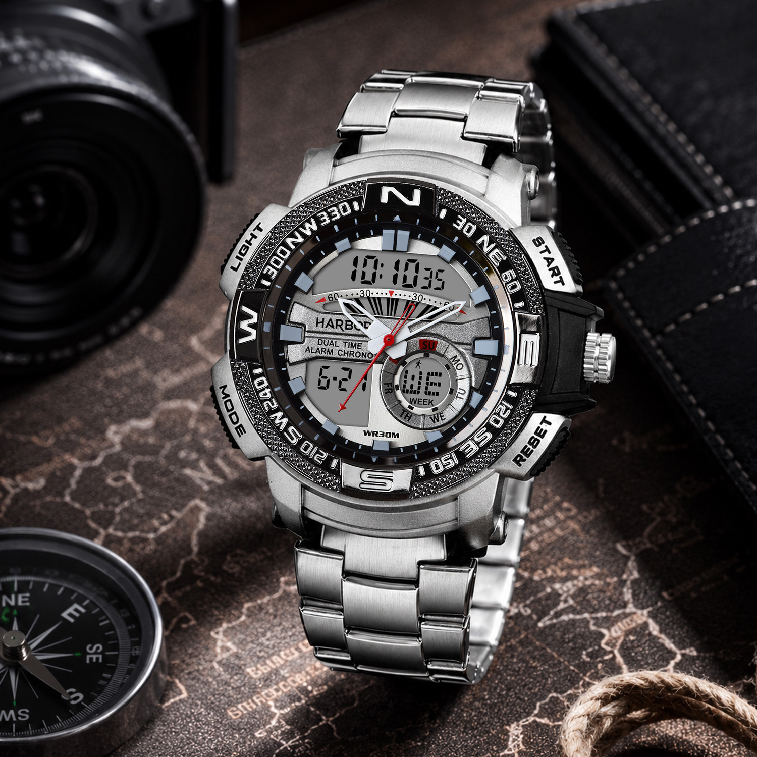 Image of Harbor H 1007 Steel Dual Time Analog Digital Men's Watch Stainless Steel Sports Style Analog-Digital Watch - For Men