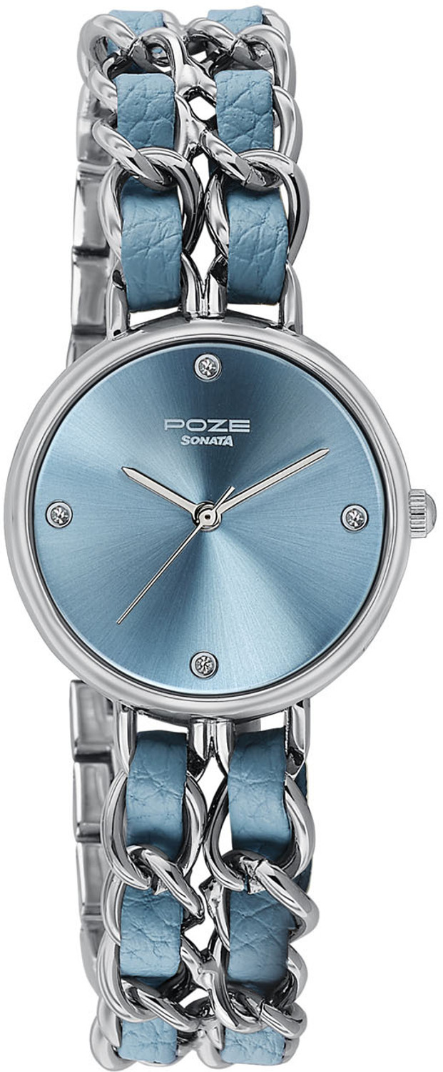 Image of SONATA Poze Drop 9.2 Poze 9 Quartz Blue Dial IPS+BLUE Metal+ Leather Strap Analog Watch - For Women
