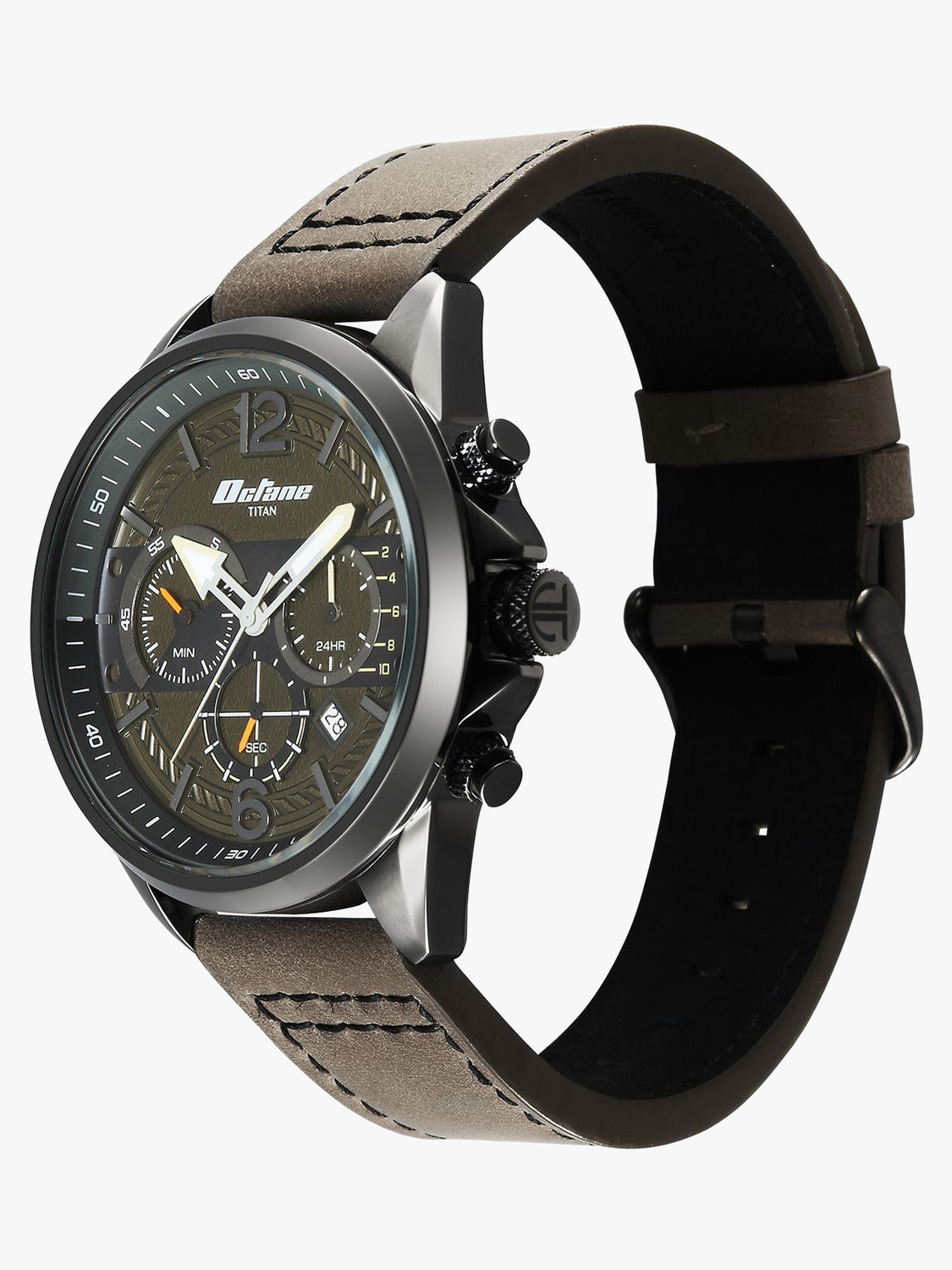 Image of Titan Titan Octane Cred Titan Octane Cred Quartz with Green Dial Grey Leather Strap Analog Watch - For Men
