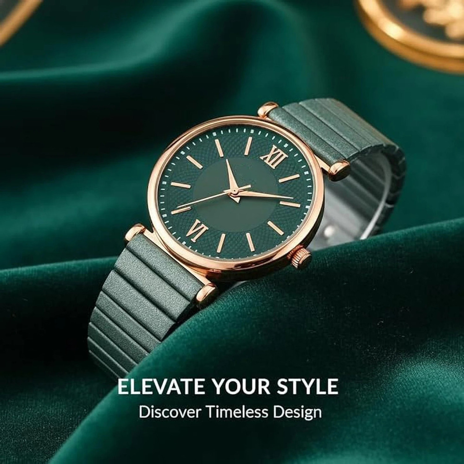 Image of Rixan Green Dial Analog Watch for Women & Girls | Rose Gold Case Analog Watch - For Women Stylish Designer Metal Strap Watch