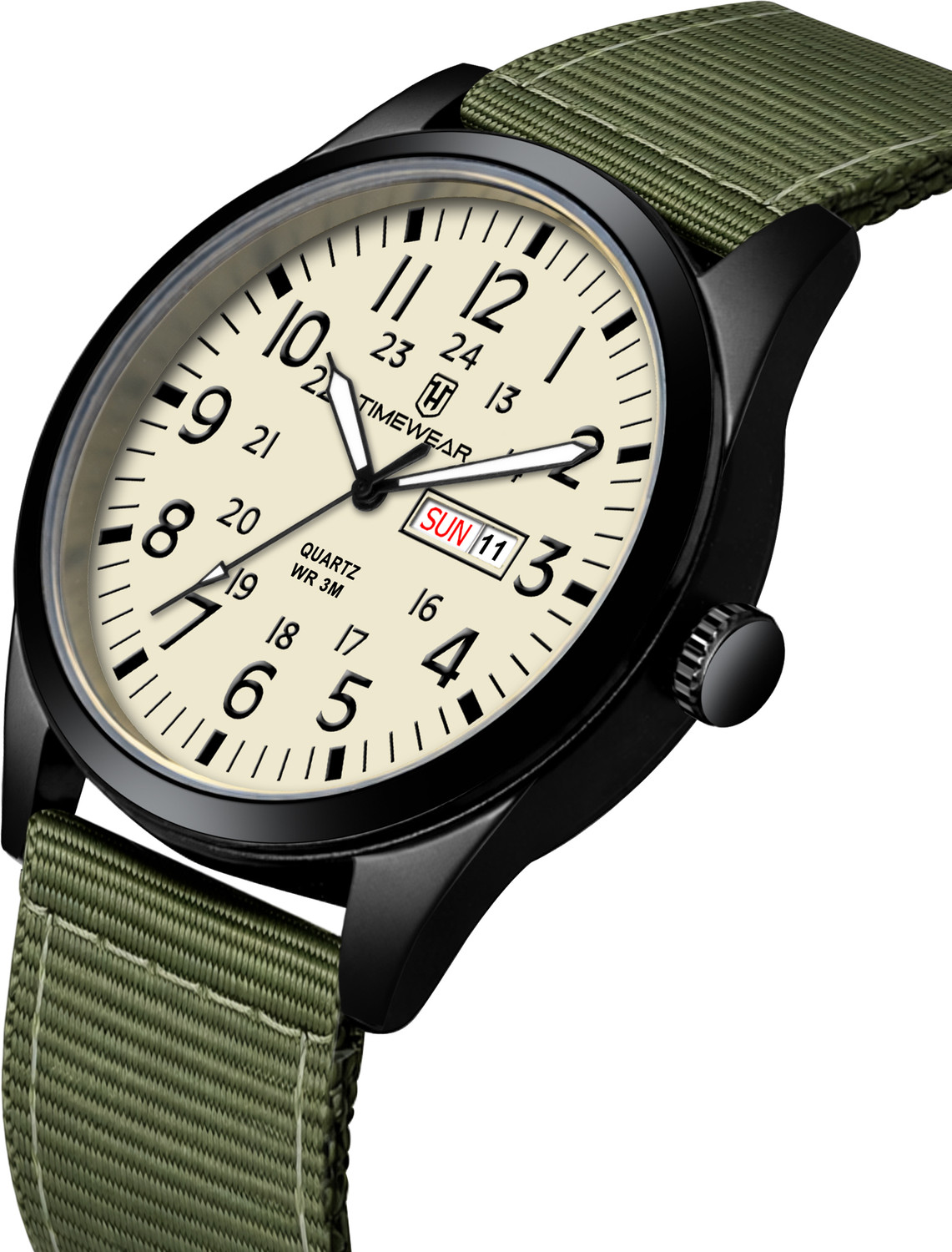 Image of TIMEWEAR 337BGTG TIMEWEAR New Track Number Dial, Day & Date, Green Fabric Strap Analog Watch - For Men