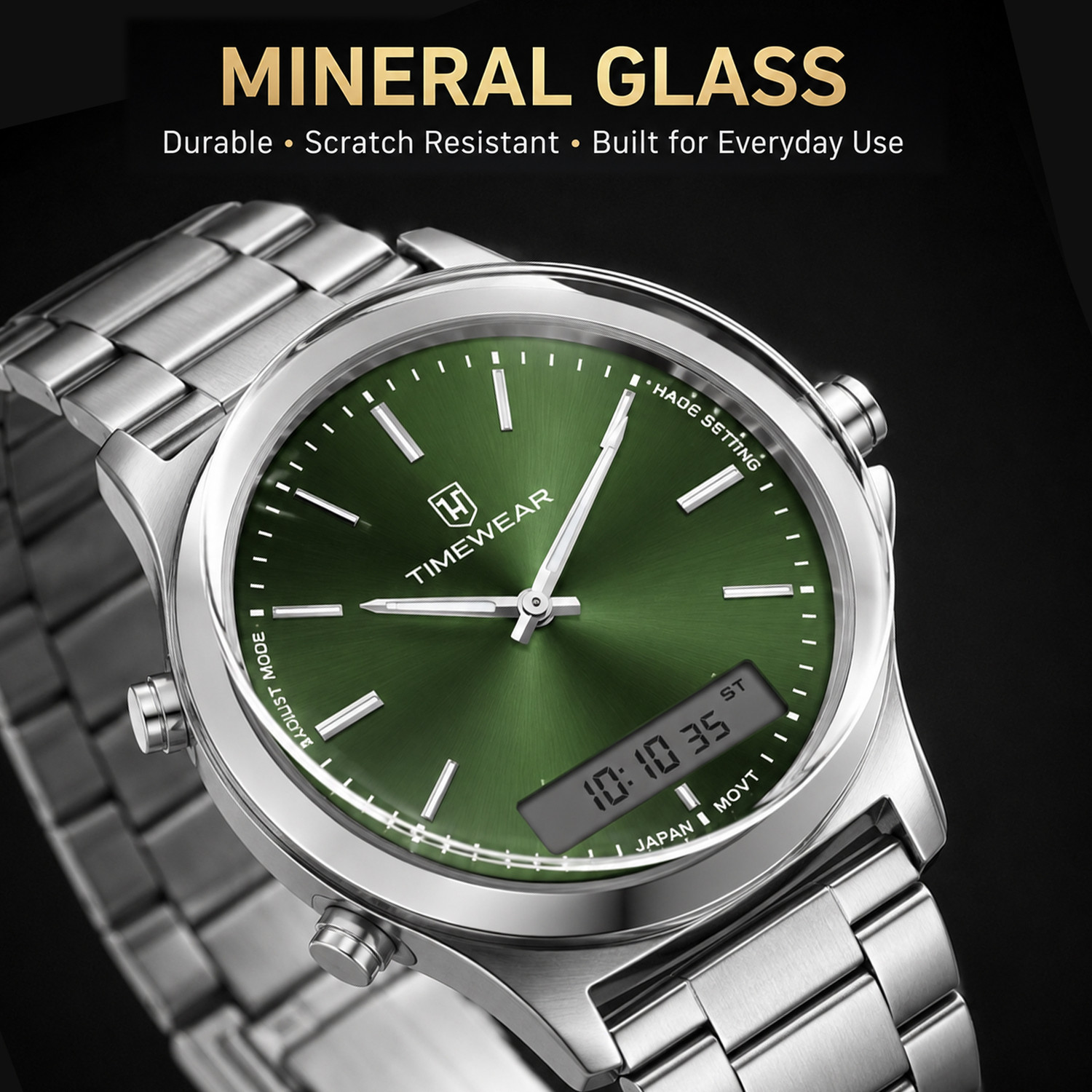 Image of TIMEWEAR 348GDTG TIMEWEAR Dualtime Green Dial Stainless Steel Chain Quartz Analog-Digital Watch - For Men