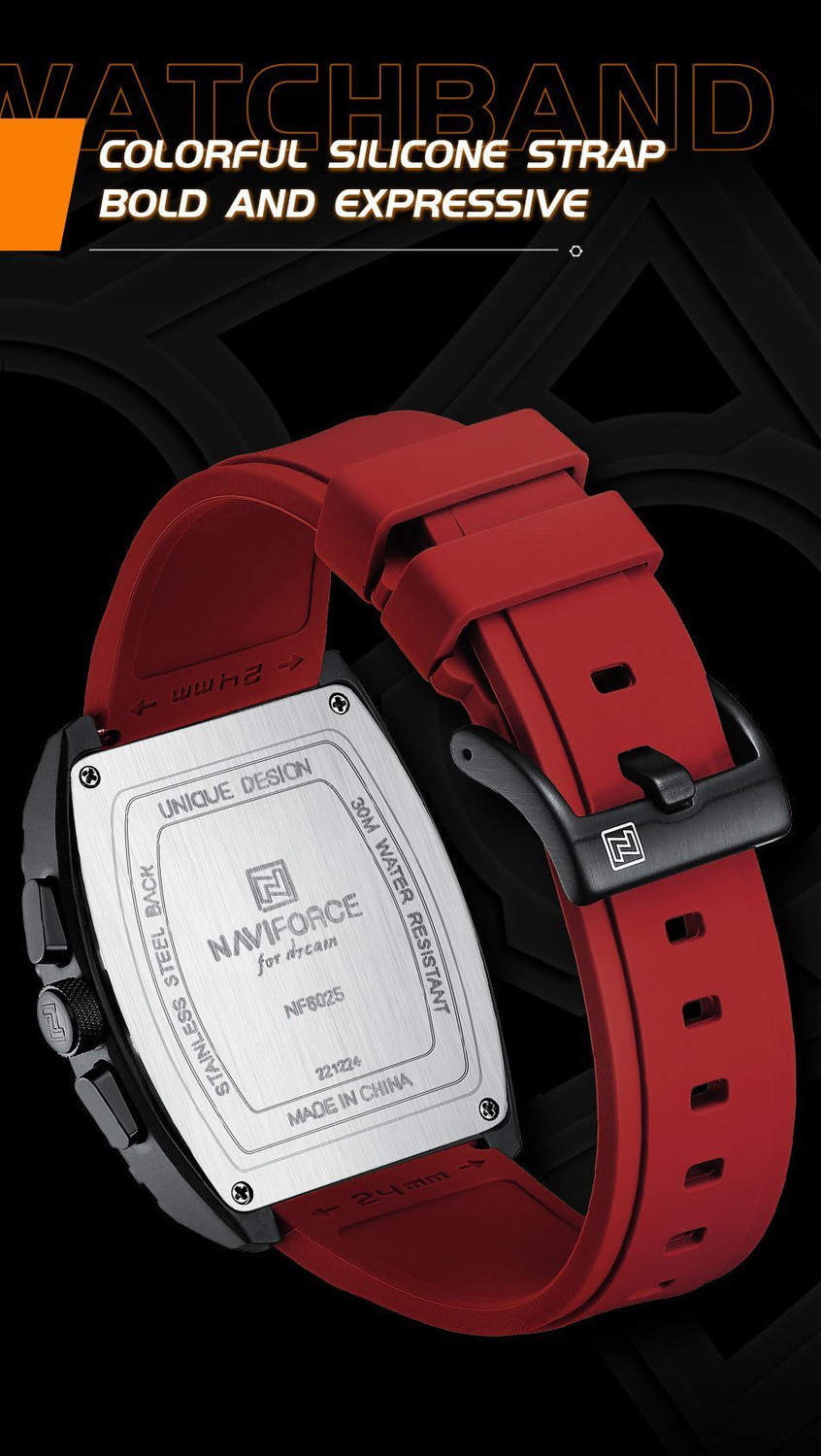 Image of NAVIFORC NF8025 Sleek Red And Black Chronograph Dial With Soft Stylish Silicon Strap Analog Watch - For Men