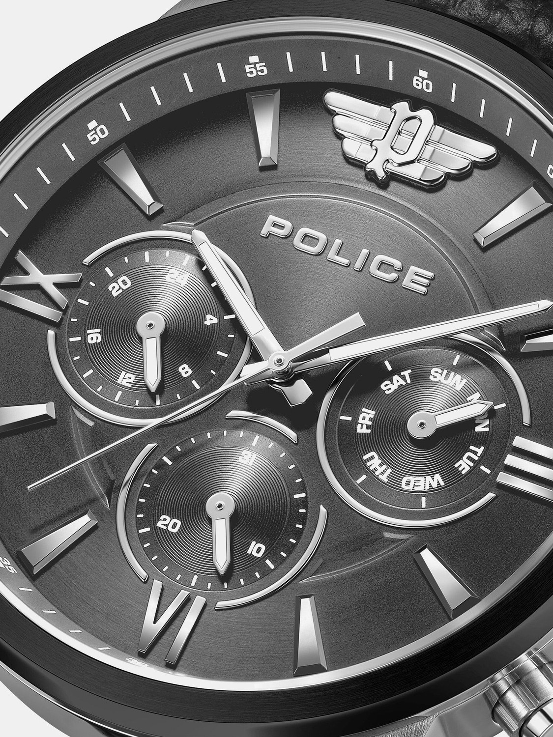 Image of Police Urban Rebel Police Multifunction Grey Dial Black Leather Strap Analog Watch - For Men