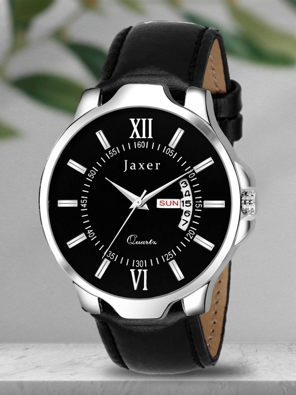 Jaxer Black Day & Date Feature Dial Leather Strap Analog Watch - For Men