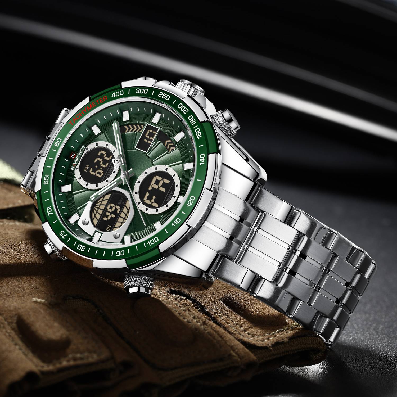 NAVIFORCE Green and Silver Analog-Digital Watch - Image 1