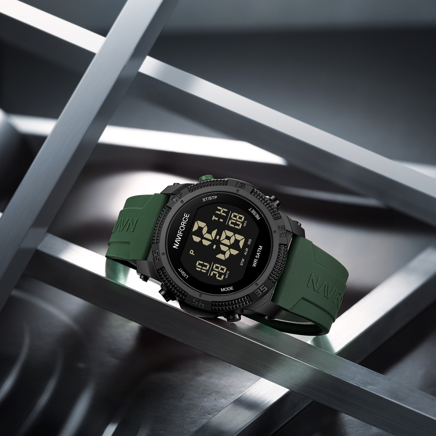 Image of NAVIFORCE NF7104 Green silicone light weight strap multi-function round dial Digital Watch - For Men