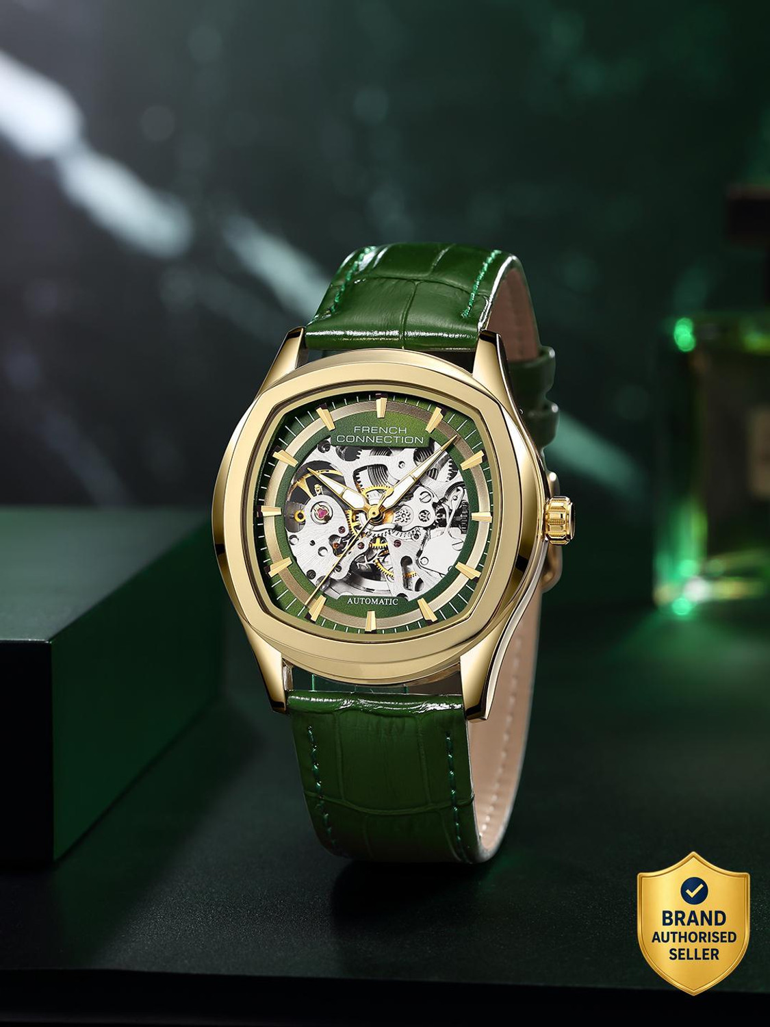Image of French Connection Green Skeleton Round Dial | Green Leather Automatic Watch for Men Analog Watch - For Men