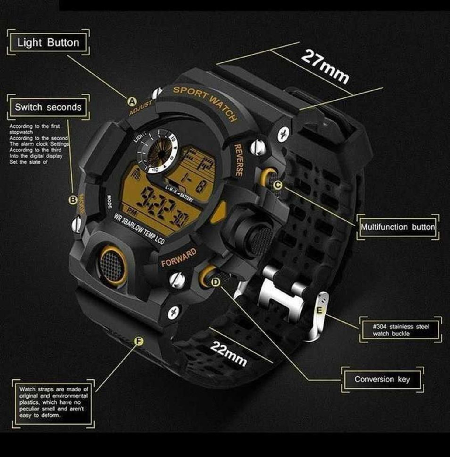 Image of TERIZLA Black Watch Original shock Waterproof Sports Multifunctional Alarm Unisex Watch Digital Watch - For Men & Women