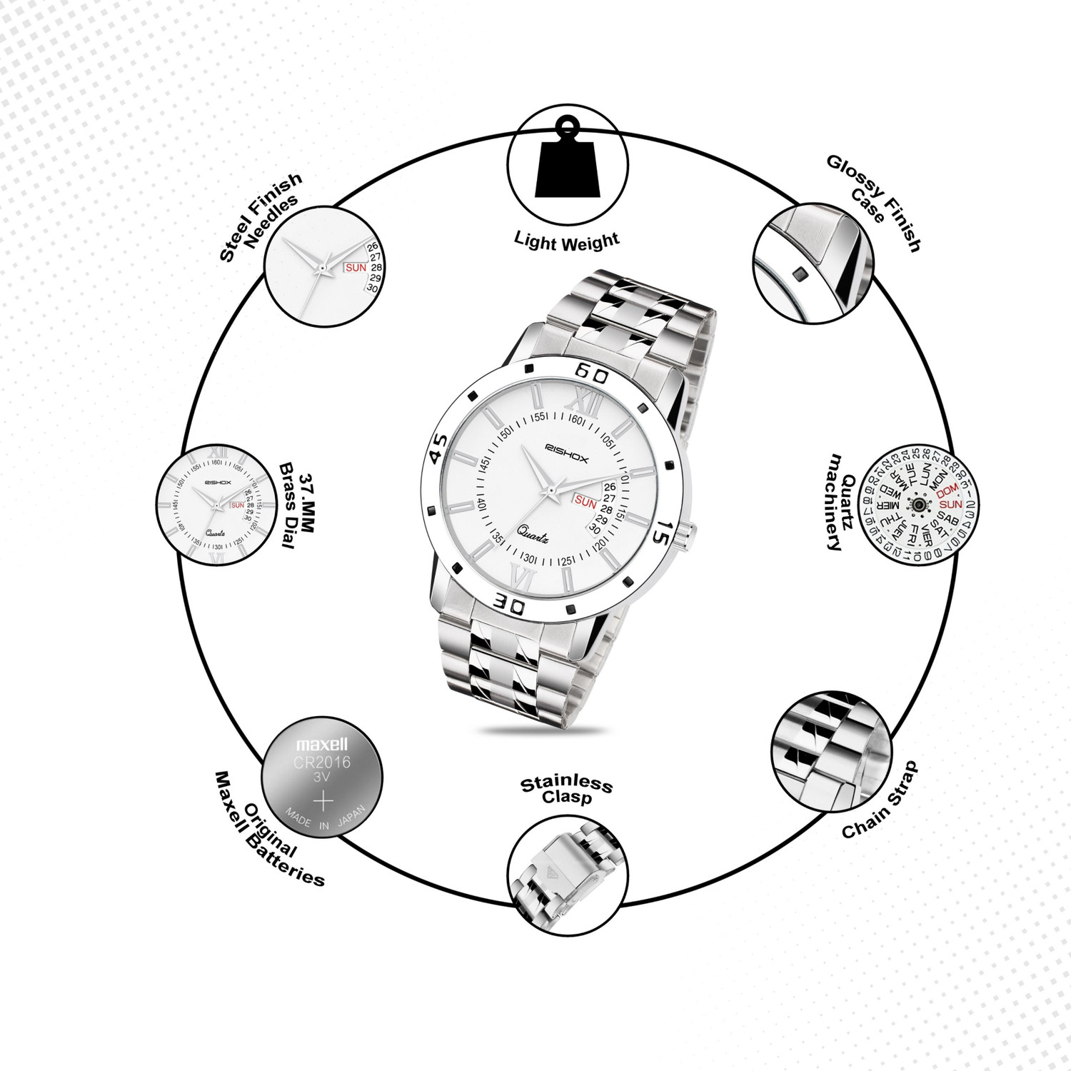Image of Rishox Elegant Quartz Watch For Men With Day-Date Display Analog Watch - For Men RX-20-Chain