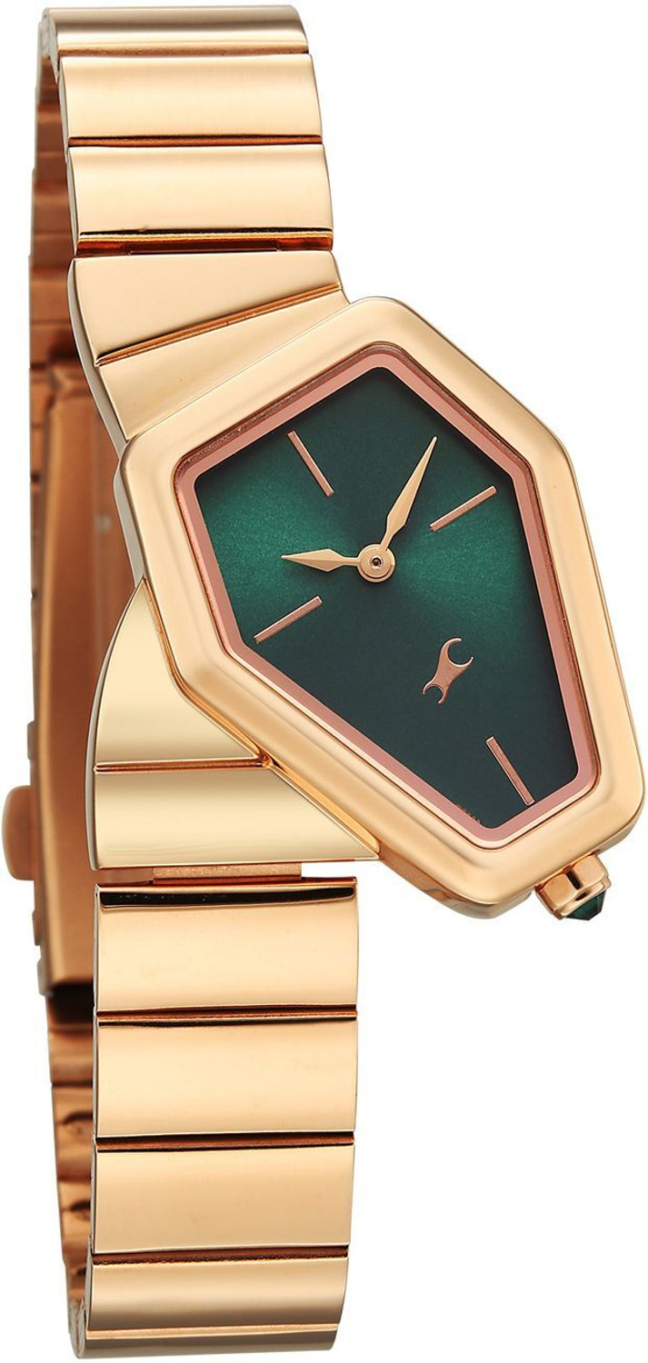 Image of Fastrack Fastrack Wild Wild Viper-Inspired Unique Shaped Green IP Rose Gold Strap Analog Watch - For Women