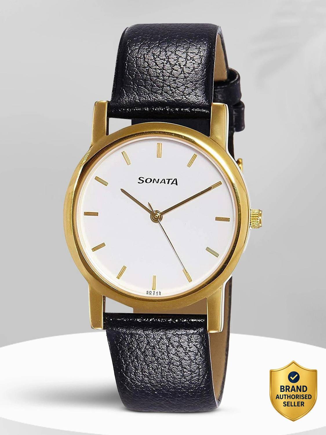 Sonata Quartz White Dial Black Leather Strap Men's Watch - Image 1