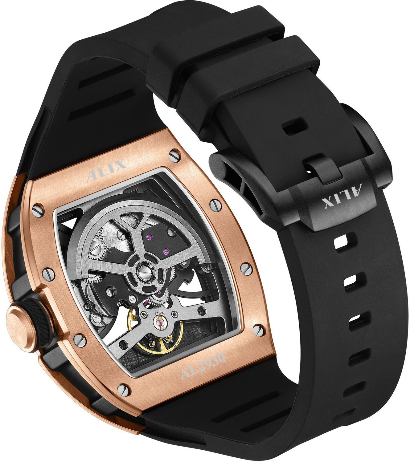 Image of Alix AL2930 Rose Gold Tonneau Case with Astronaut & Moon Motif Black Silicone Strap Analog Watch - For Men