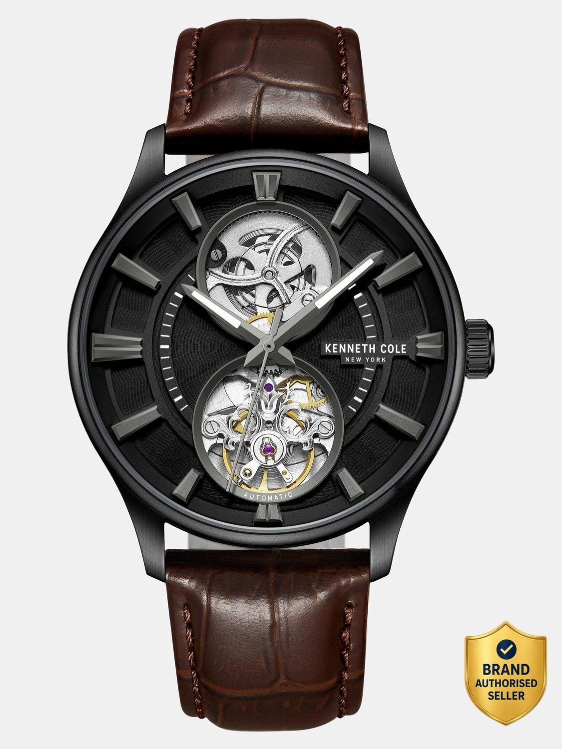 Image of Kenneth Cole Kenneth Cole Automatic Black Dial Brown Leather Strap Analog Watch - For Men