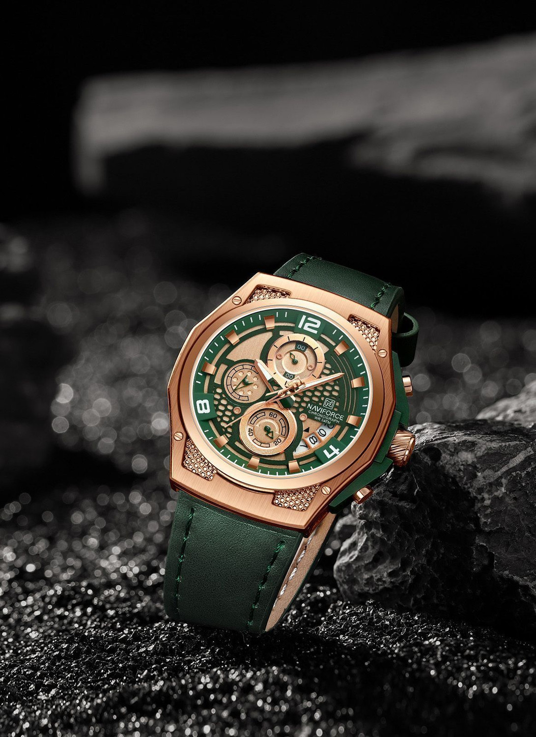 Image of NAVIFORCE NF8051L Distinctive and Elegant Rosegold and Green color Genuine Leather Analog Watch - For Men