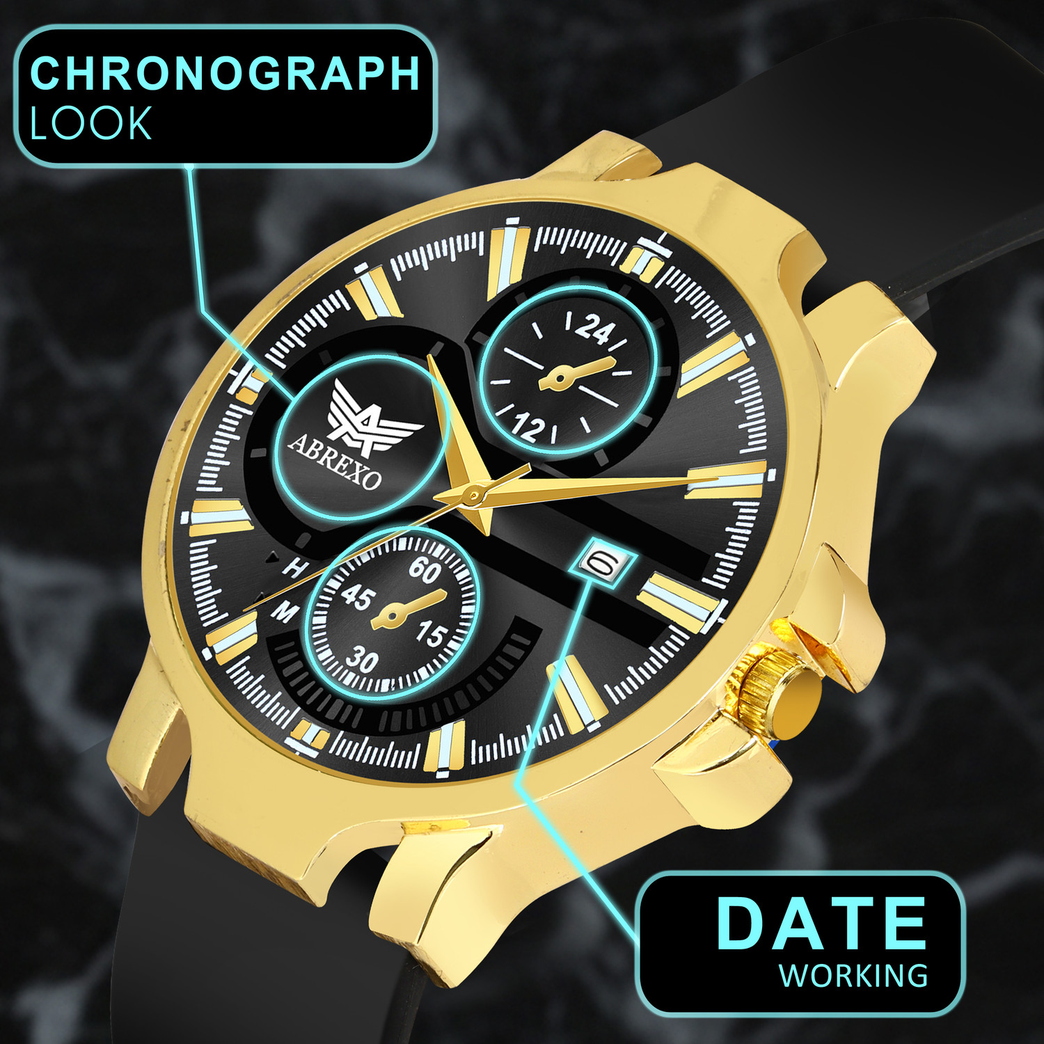 Image of ABREXO Abx3102-GD BK SLN ST ALPHA Series Chrono Look Gold Dial Date Working Black Silicon Strap Boys Analog Watch - For Men