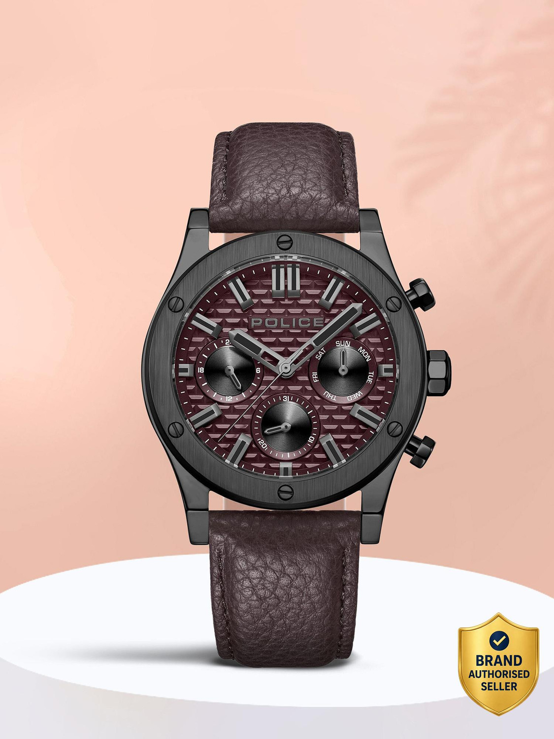 Image of Police Police Ss'23 Feb Launch Police Multifunction Maroon Dial Brown Leather Strap Analog Watch - For Men
