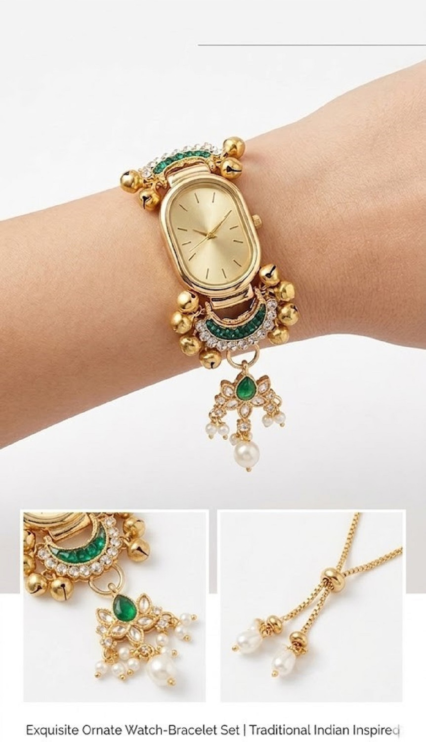 Image of watchstar Emerald & Gold Ethnic Bracelet Watch with Pearl Accents Elegant Traditional Gold Watch with Emerald & Pearl Charms Analog Watch - For Women