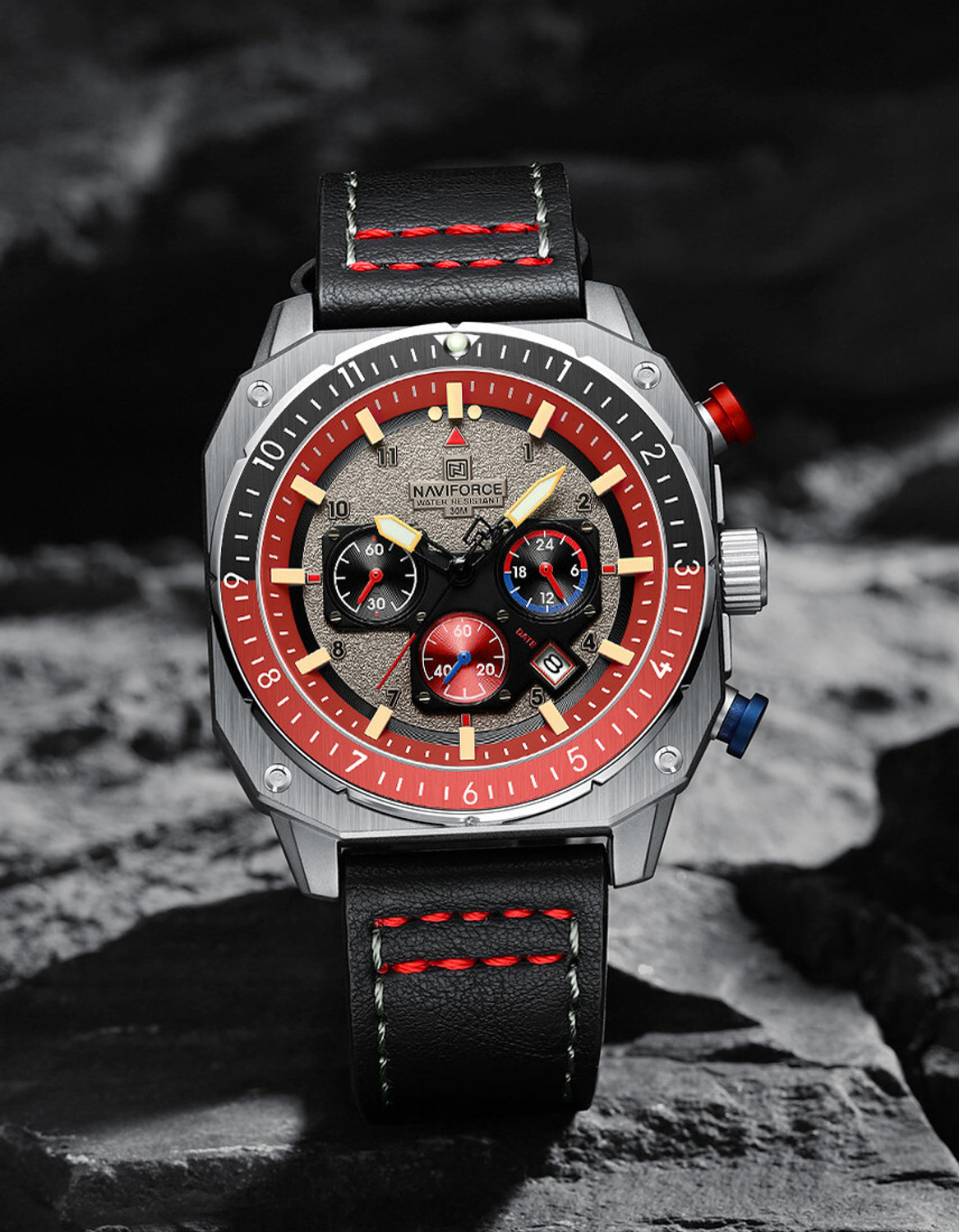 Image of NAVIFORCE NF8057 Silver chronograph dial with black leather strap travel quartz Analog Watch - For Men
