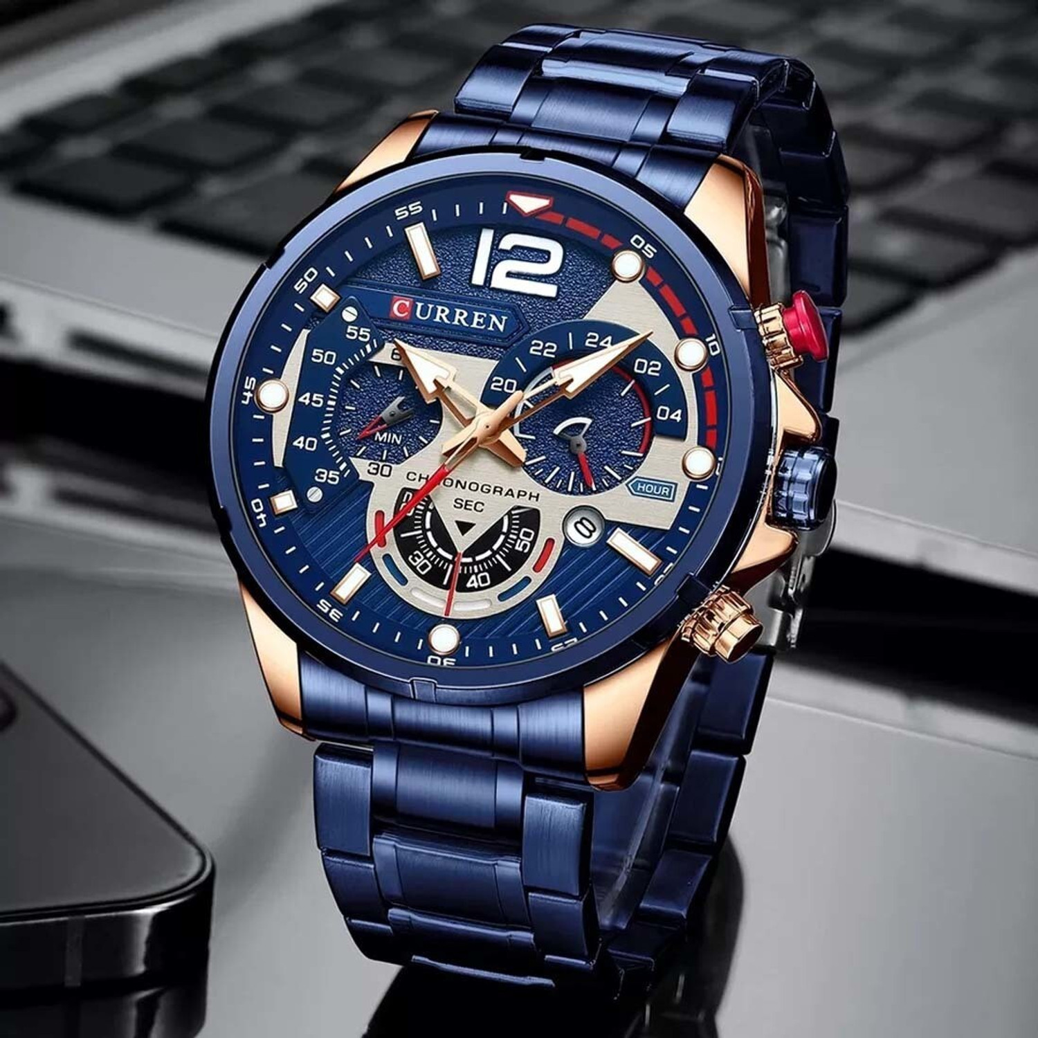 Image of Curren 8395 Men's Sport Quartz Chronograph Wristwatches Luxury Watch-Rose-Blue 8395 Men's Sport Quartz Chronograph Wristwatches Luxury Watch-Rose-Blue Analog Watch - For Men