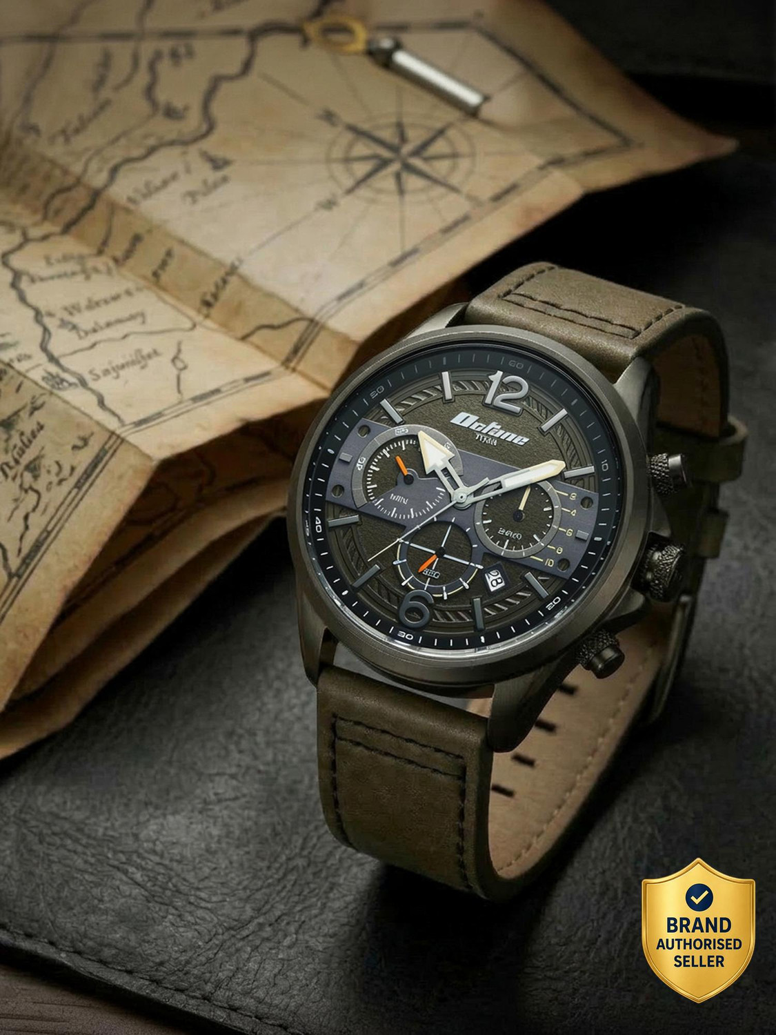 Image of Titan Titan Octane Cred Titan Octane Cred Quartz with Green Dial Grey Leather Strap Analog Watch - For Men
