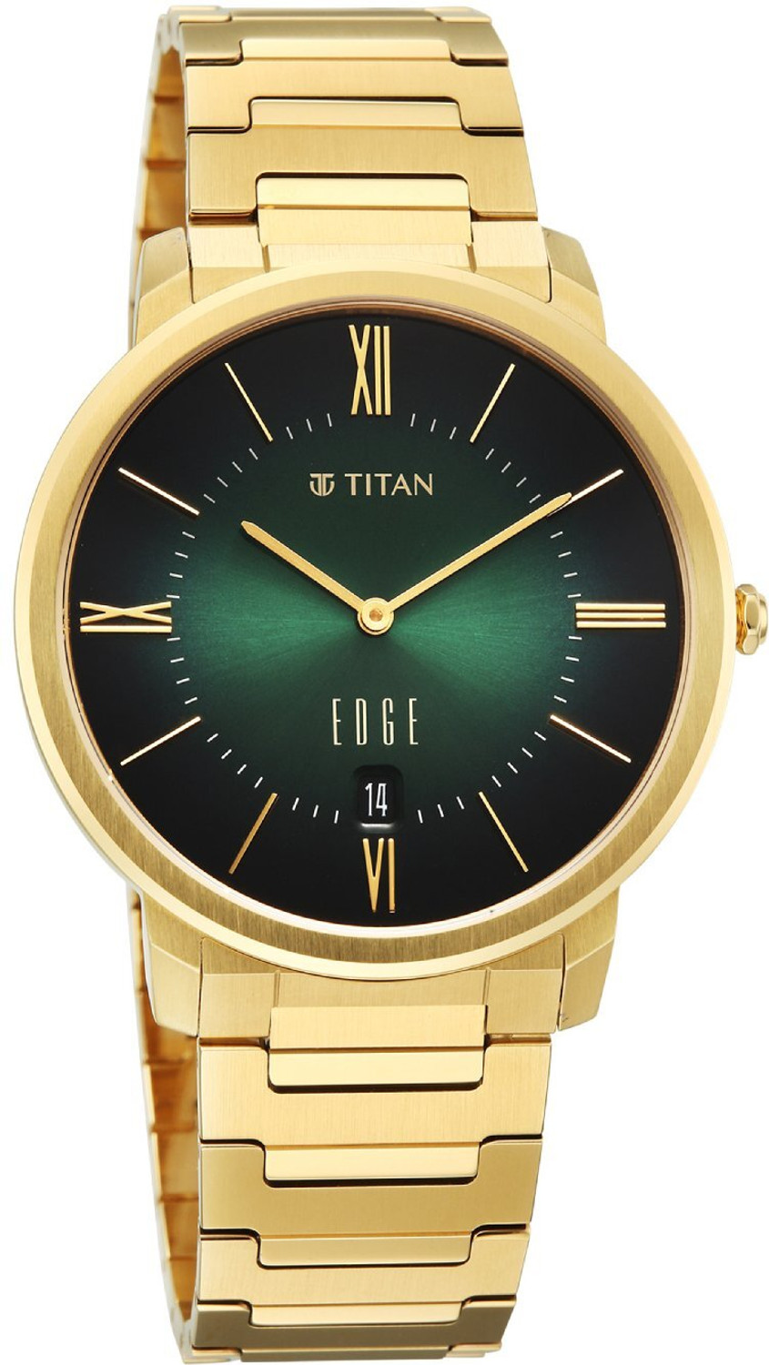 Image of Titan Edge Meister Edge Meister 2Hands+Date Green Dial Gold Plated Stainless Steel 316L Strap Analog Watch - For Men
