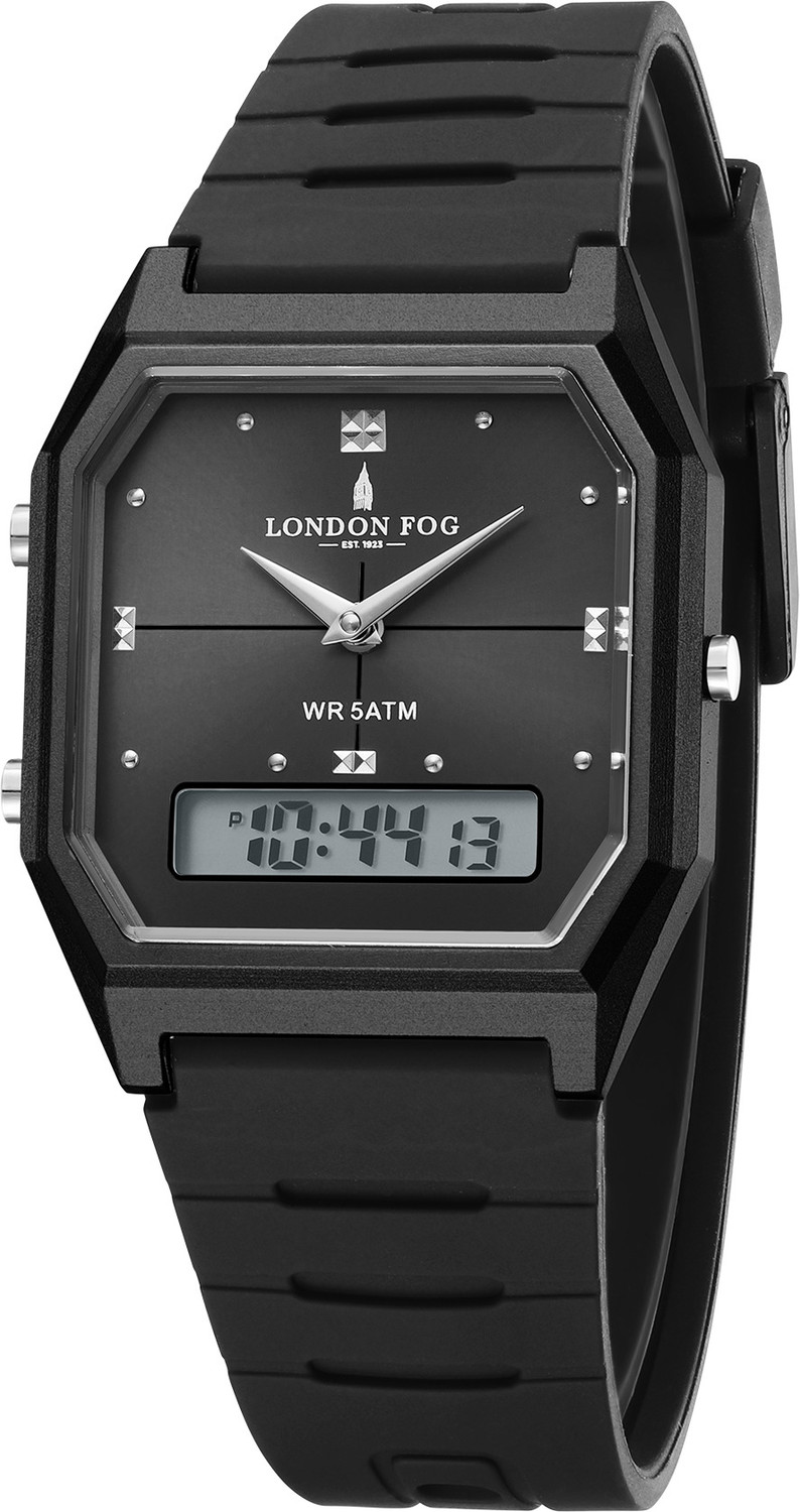 Image of London Fog Black Dial, Octagonal Black Case, Dual Time Display and Black Silicone Strap Analog-Digital Watch - For Men