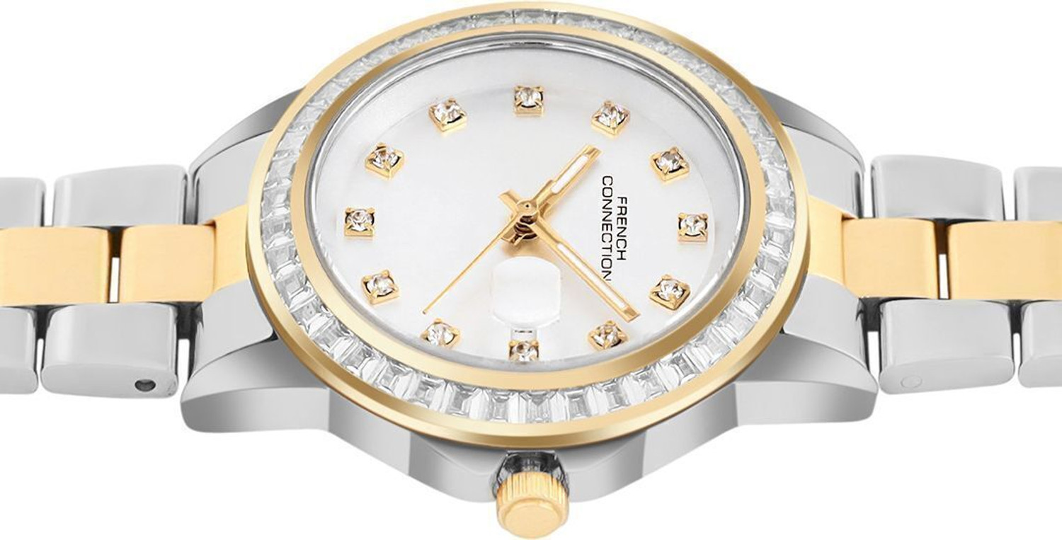 Image of French Connection Aurdate AURDATE Rhinestone Dated Silver Sunray Dial | Women's Silver Analog Watch - For Women