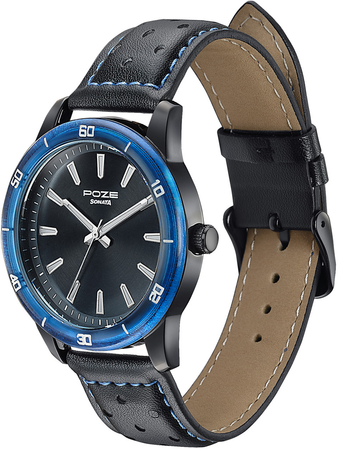Image of SONATA Poze 7 Sonata Poze 7 Black Dial IP Black + Blue stitch Leather Strap Strap Analog Watch - For Men