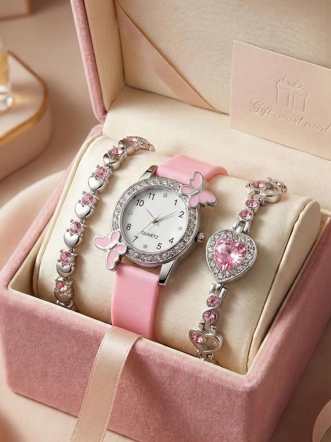Image of BRAIN Vintage NEW PINK COMBO BRACELET WITH ONEDIMOND BUTTERFLY Analog Watch - For Girls
