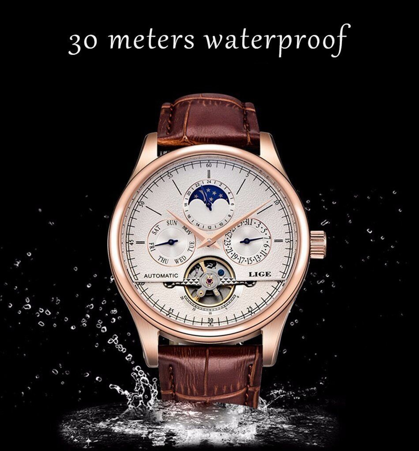 Image of Lige Mens Watch Automatic Mechanical Skeleton Luxury Leather strap wrist Watch Analog Watch - For Men
