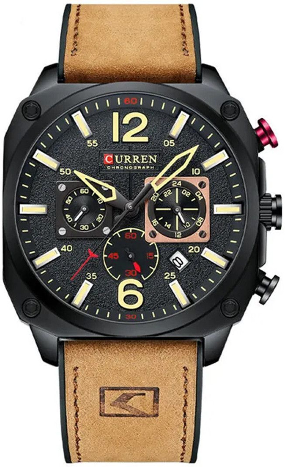 Image of Curren Curren 8398 Brown Black Dial Brown Leather Strap Cronograph Analog Watch - For Men