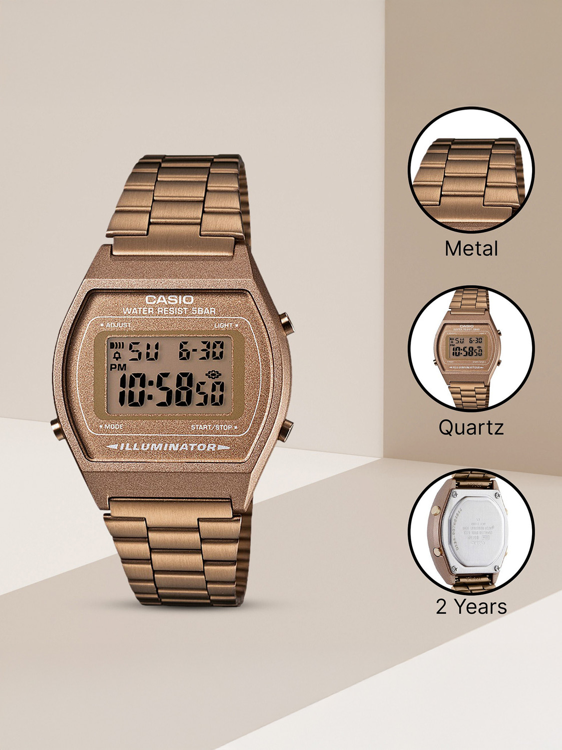 Image of CASIO Vintage B640WC-5ADF Dial Rose Gold Stainless Steel Band Digital Watch - For Men & Women