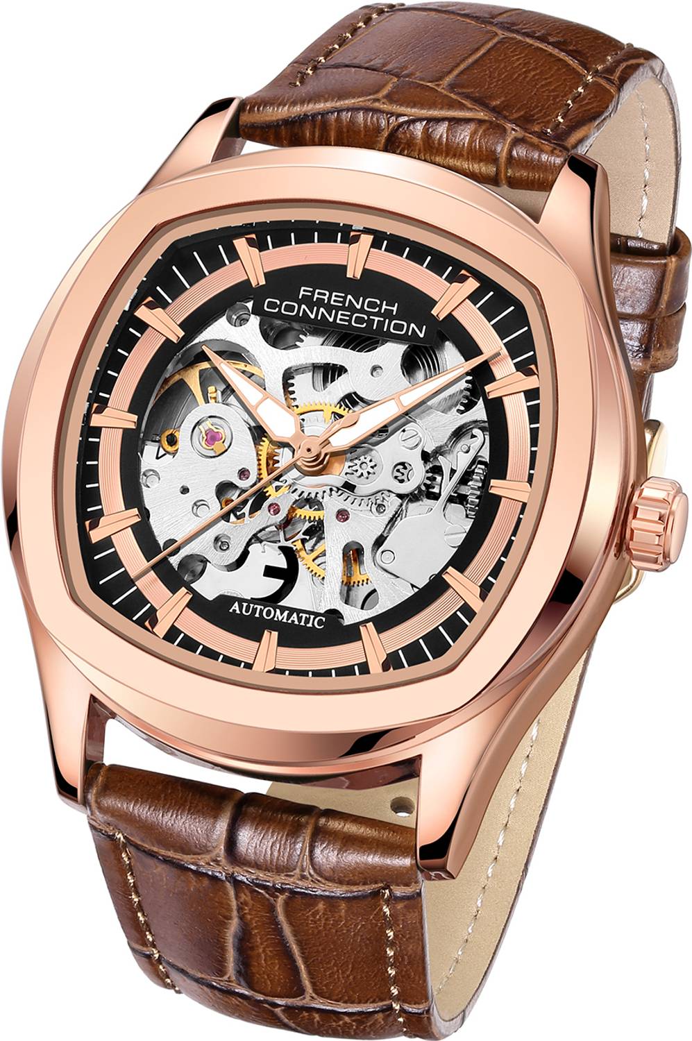 French Connection Brown Skeleton Round Dial Watch - Image 3