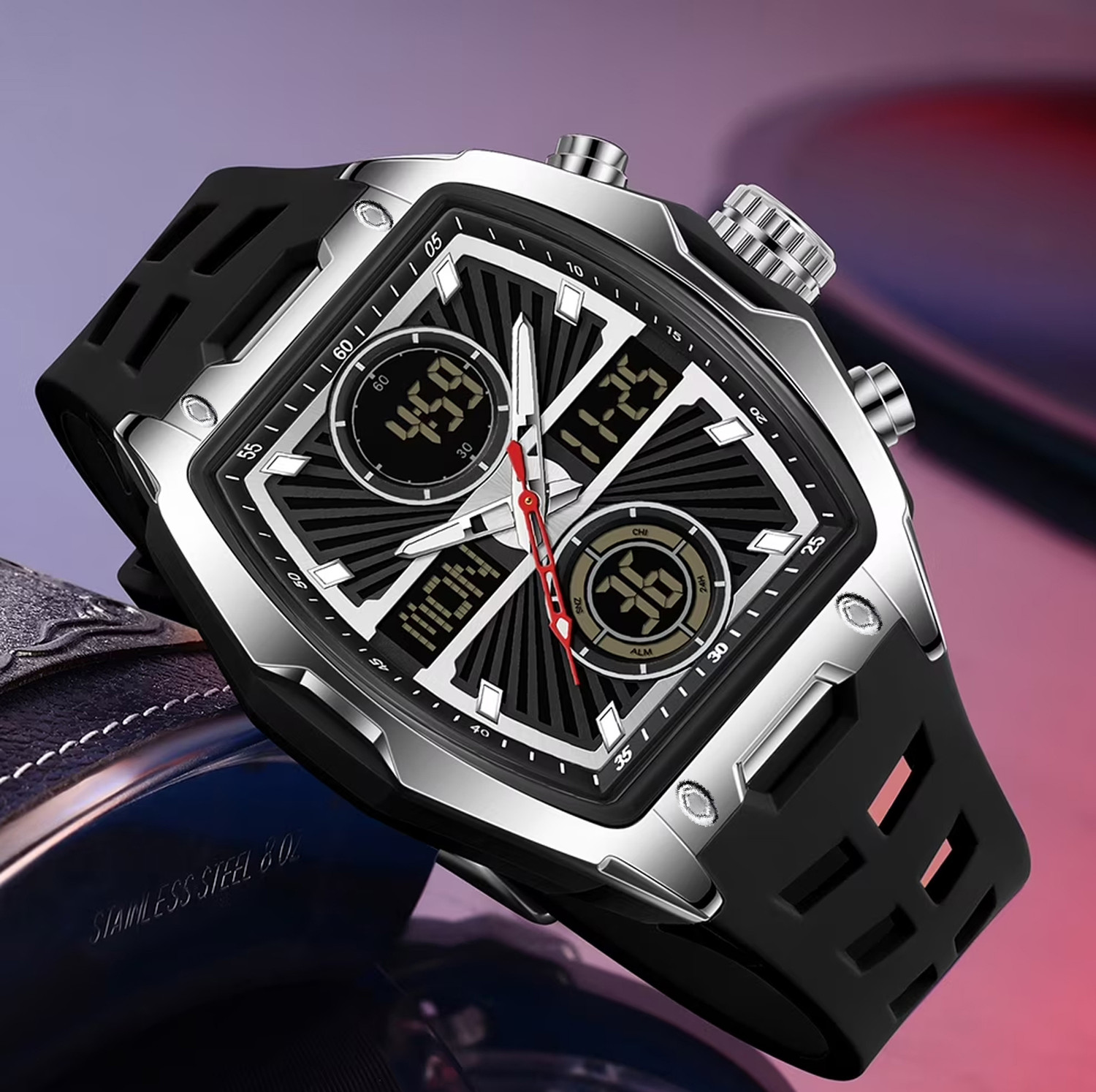 Image of LOIS CARON LCDA8034 Analog Digital Watch for Men | curved Barrel Shaped Multifunction dual display Analog-Digital Watch - For Men