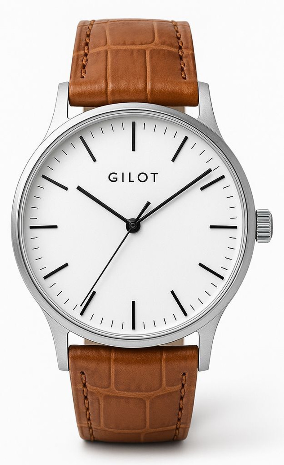 Image of GILOT Minimalist White Dial Brown Leather Strap Silver Case Analog Watch - For Men